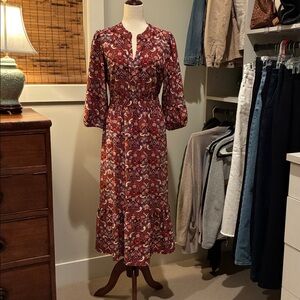 LOFT Burgundy Floral Long Sleeve Dress
